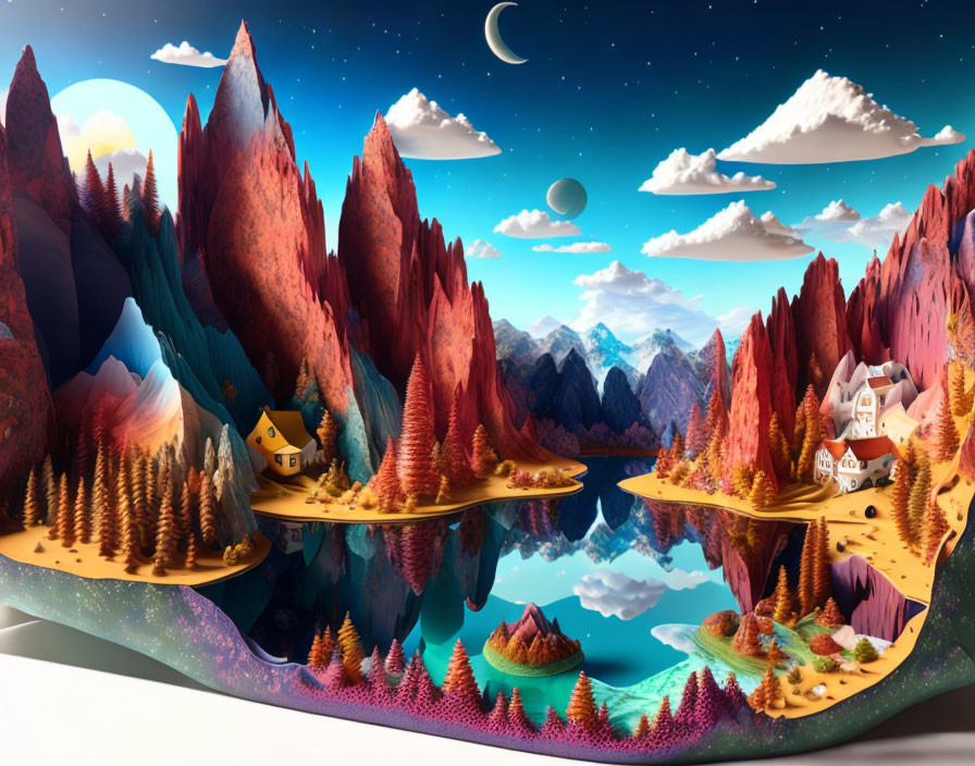 Vibrant surreal landscape: crimson mountains, reflective lakes, floating islands.