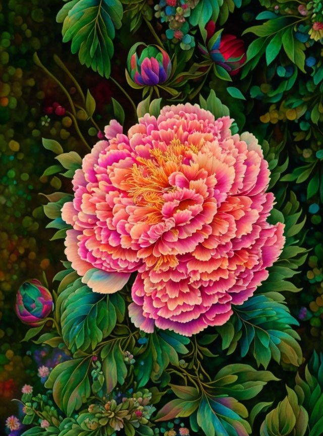 Colorful Pink Peony Painting with Green Foliage & Bokeh Background