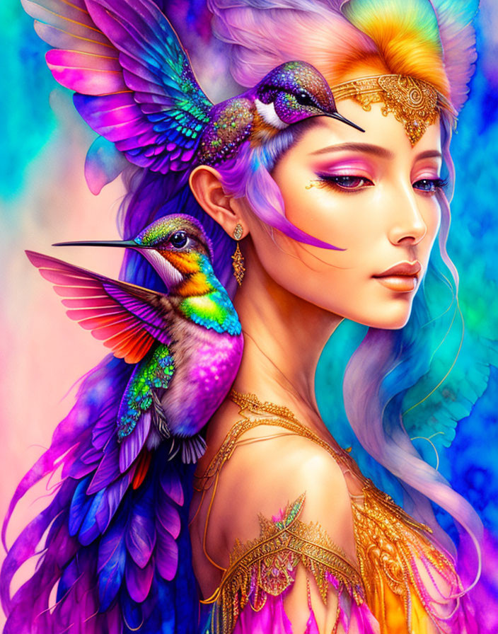 Vibrant digital artwork of woman with bird features in purple, blue, and gold