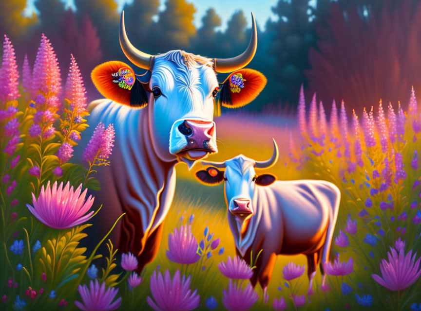 Vibrant illustration of large and small cows in colorful flower field