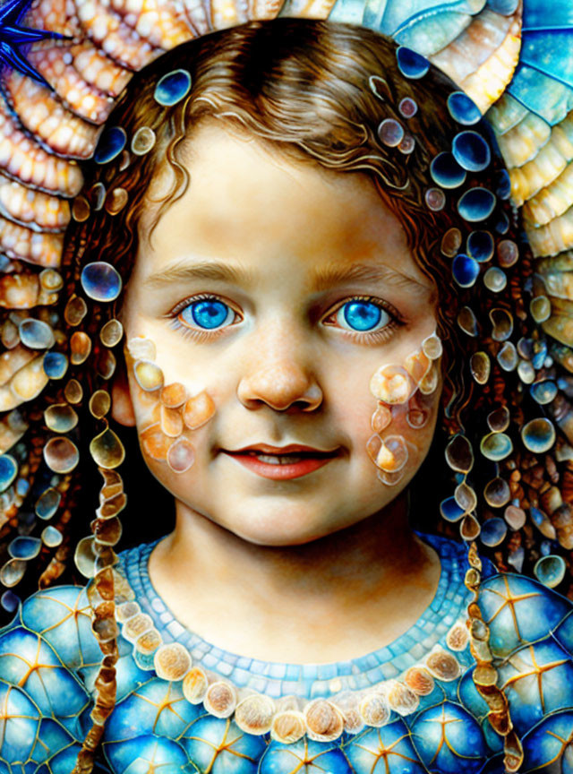 Digital art portrait of young girl with blue eyes & shimmering scales.