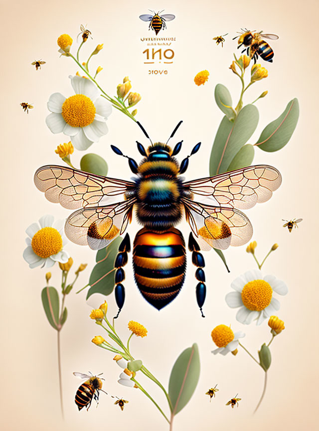 Bee surrounded by flowers, mirror-image orientation, with text at the top