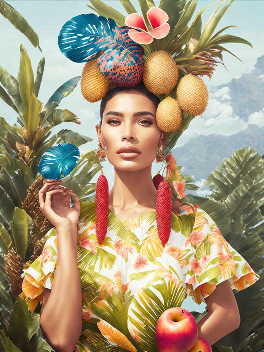 Woman with Fruit-Topped Headpiece in Tropical Print Outfit and Leaf, Surrounded by Lush