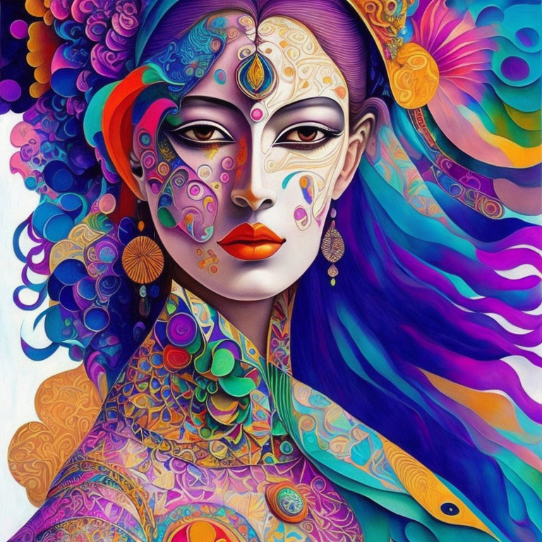 Colorful artwork of woman with purple skin and intricate patterns, multicolored hair.