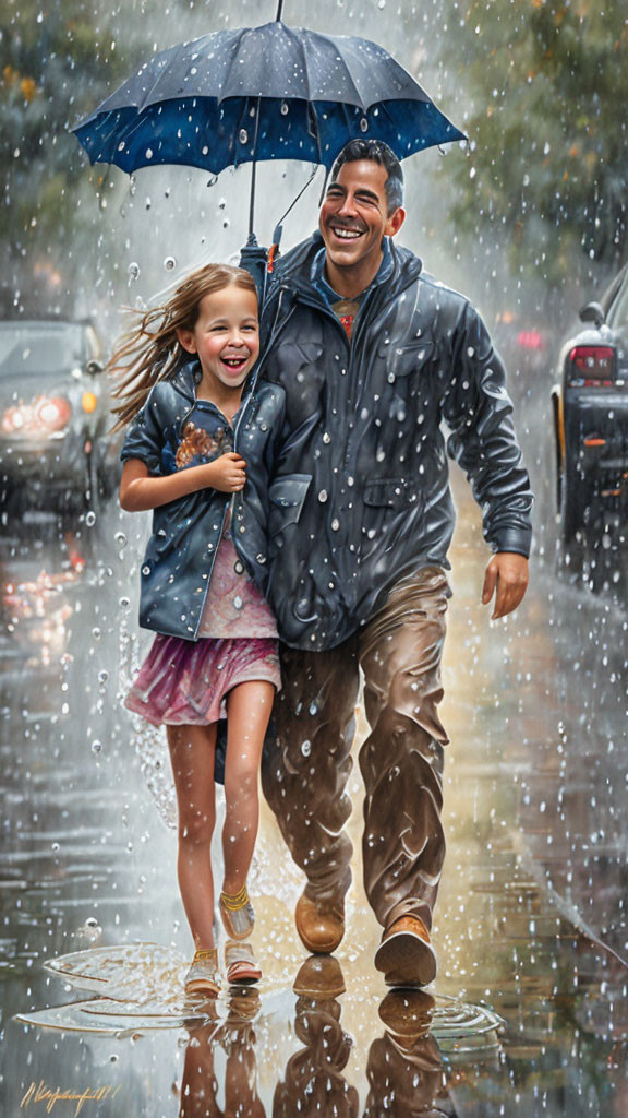 Man and girl happily walk under umbrella in rain-soaked street