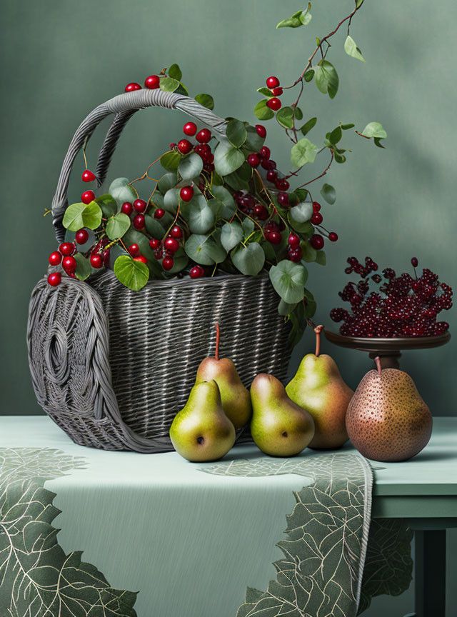 Wicker basket with red berries, pears, bronze bowl, and thread on green surface