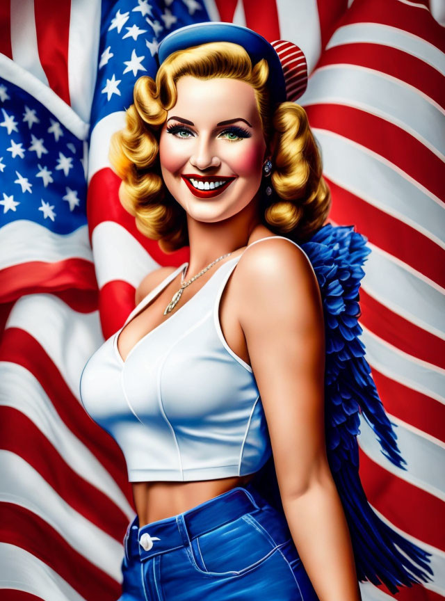 Smiling woman in patriotic outfit with angel wings on American flag backdrop