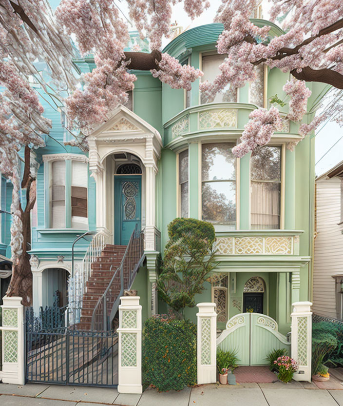 Victorian house with pastel green facade and cherry blossoms