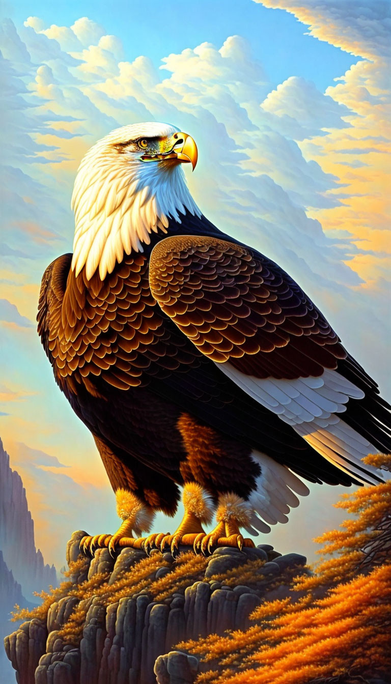 Bald eagle perched on rocky outcrop under dramatic sunset sky