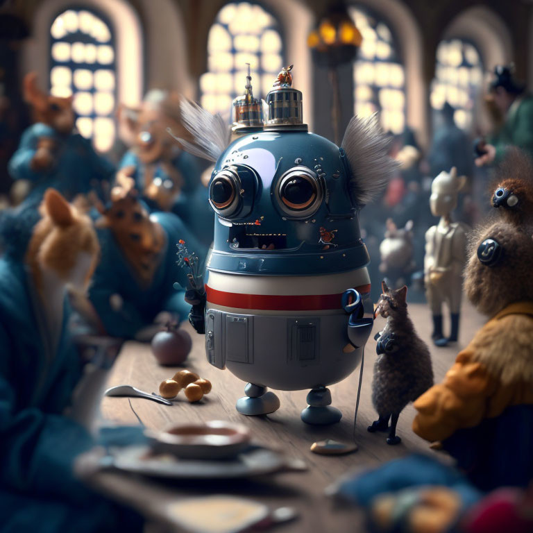 Vintage robot in whimsical room with anthropomorphic animals dressed elegantly