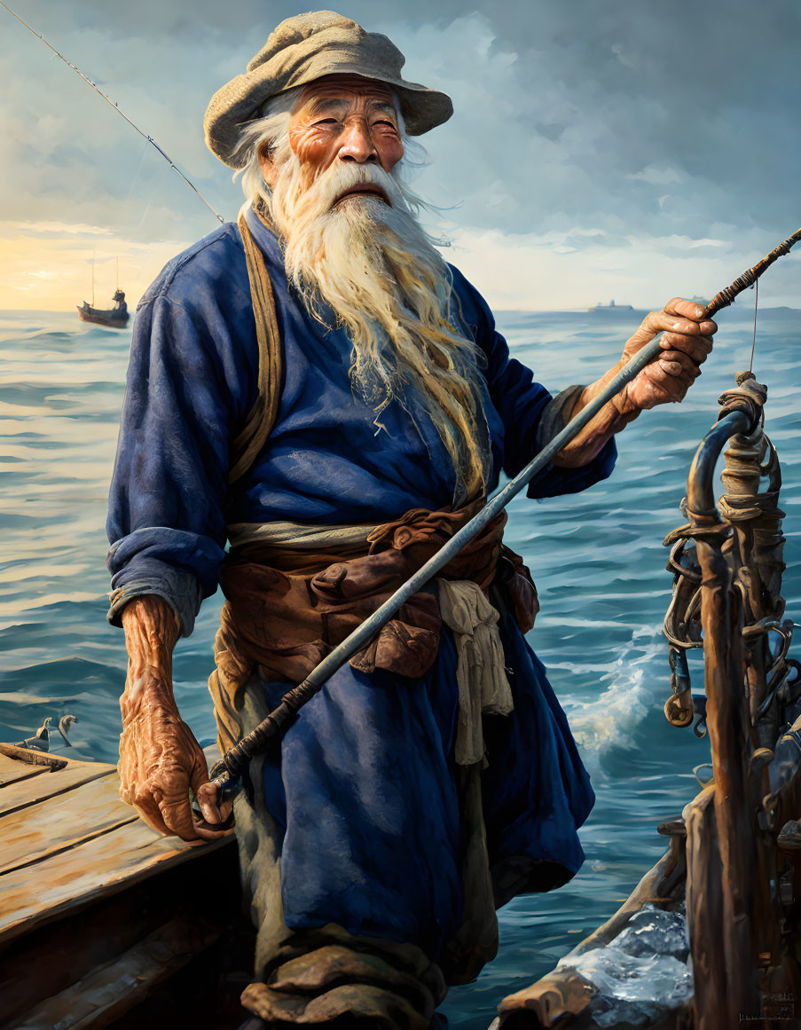 Elderly bearded fisherman on wooden pier with fishing rod, ocean, and boats.