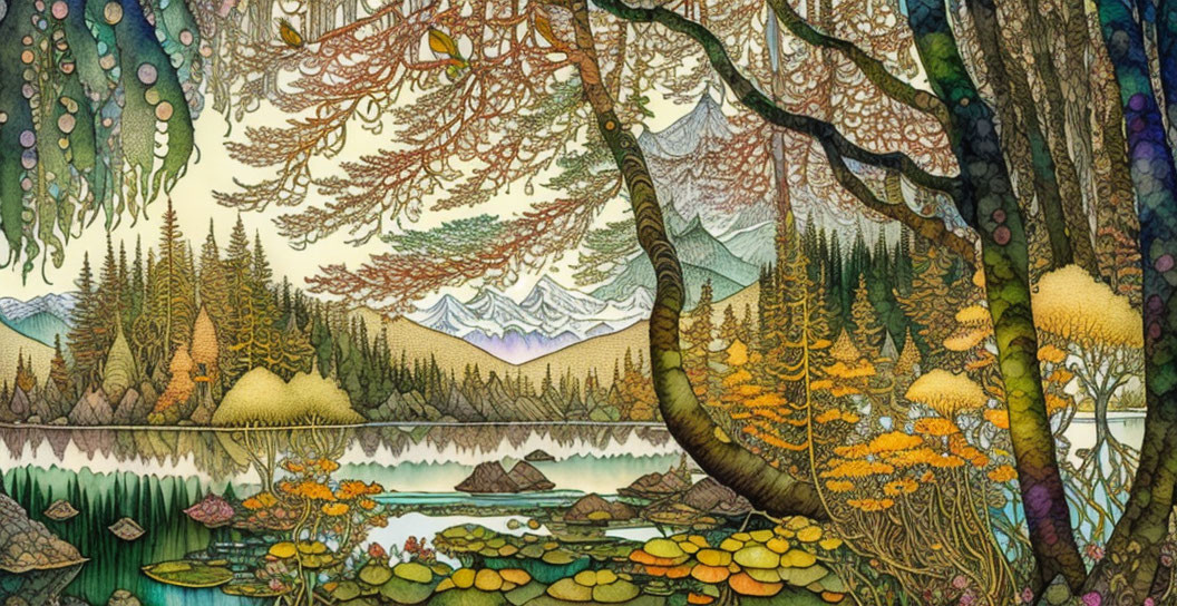 Vibrant illustration of magical forest with diverse flora and serene lake