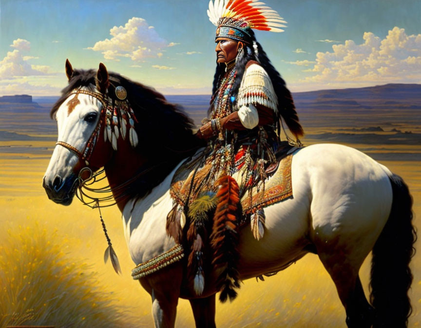 Traditional Native American chief on paint horse in prairie landscape