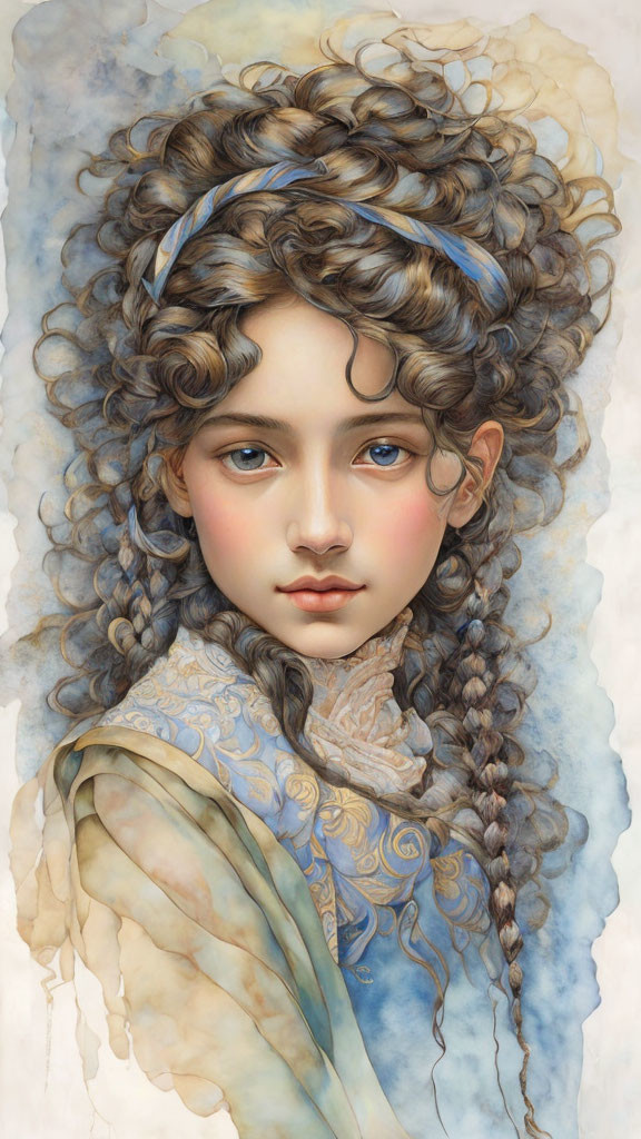 Detailed illustration of young girl with curly hair, blue headband, and embroidered scarf