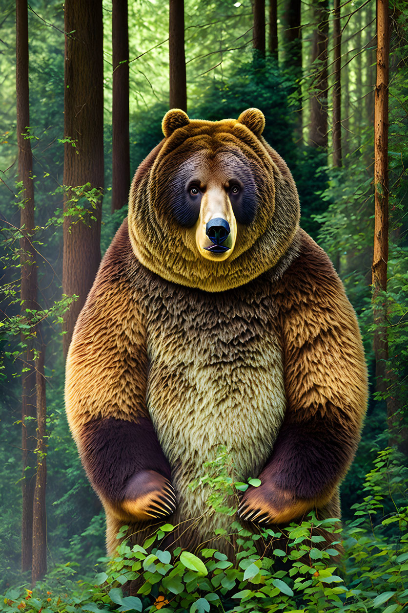 Brown bear standing in dense forest foliage