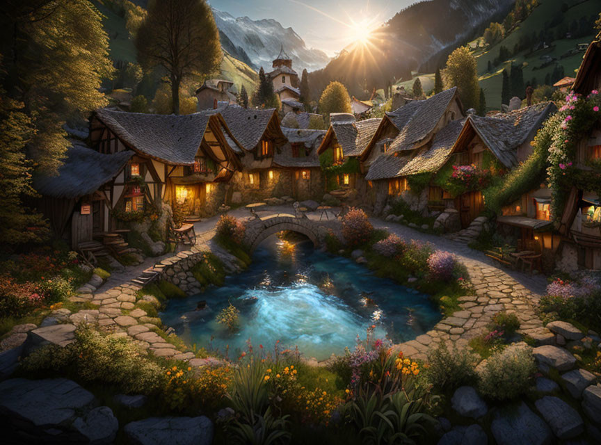 Tranquil twilight village with cozy houses, reflective pond, vibrant flowers, and sunlit mountains.