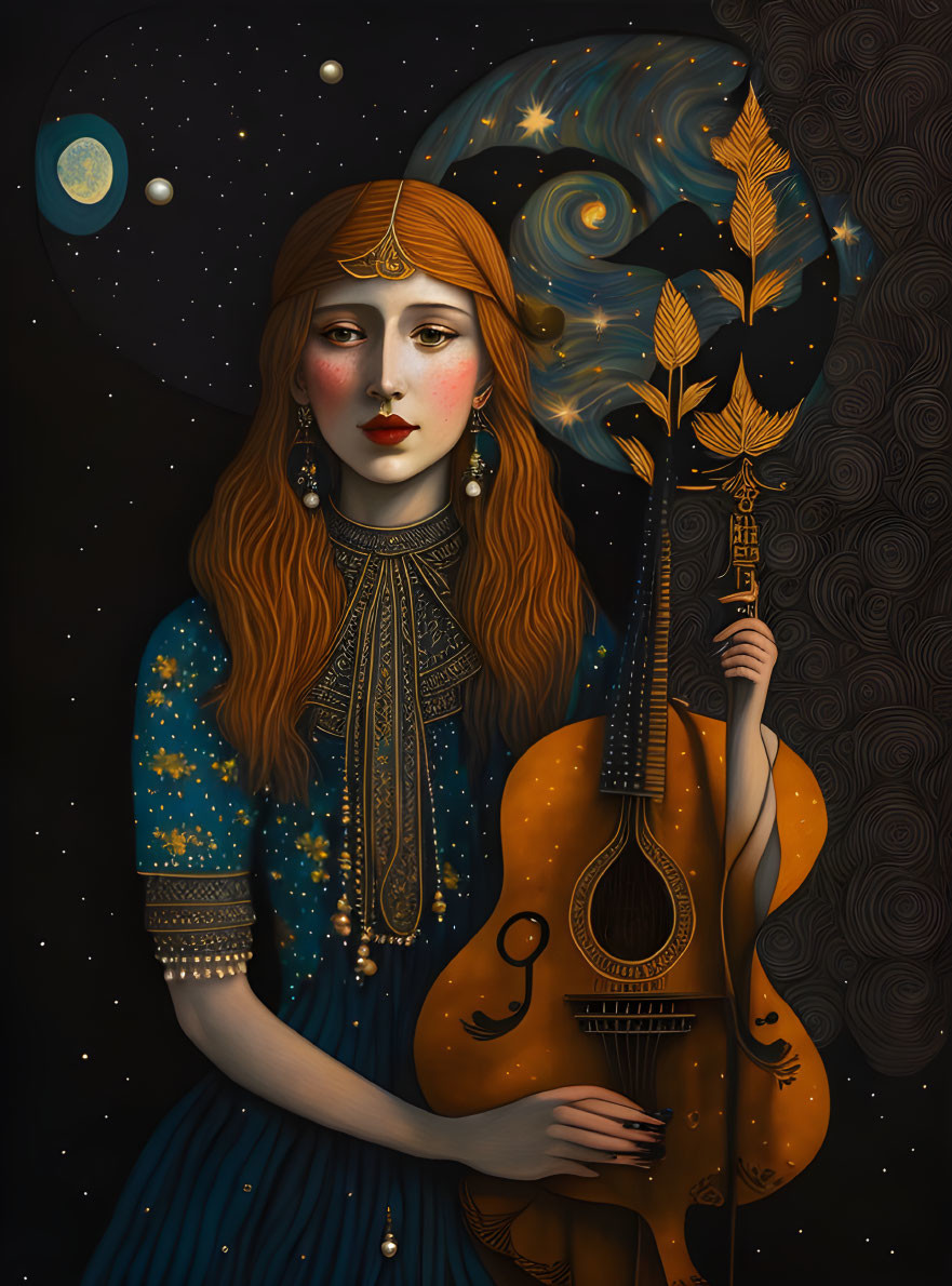 Red-haired woman with guitar in cosmic background