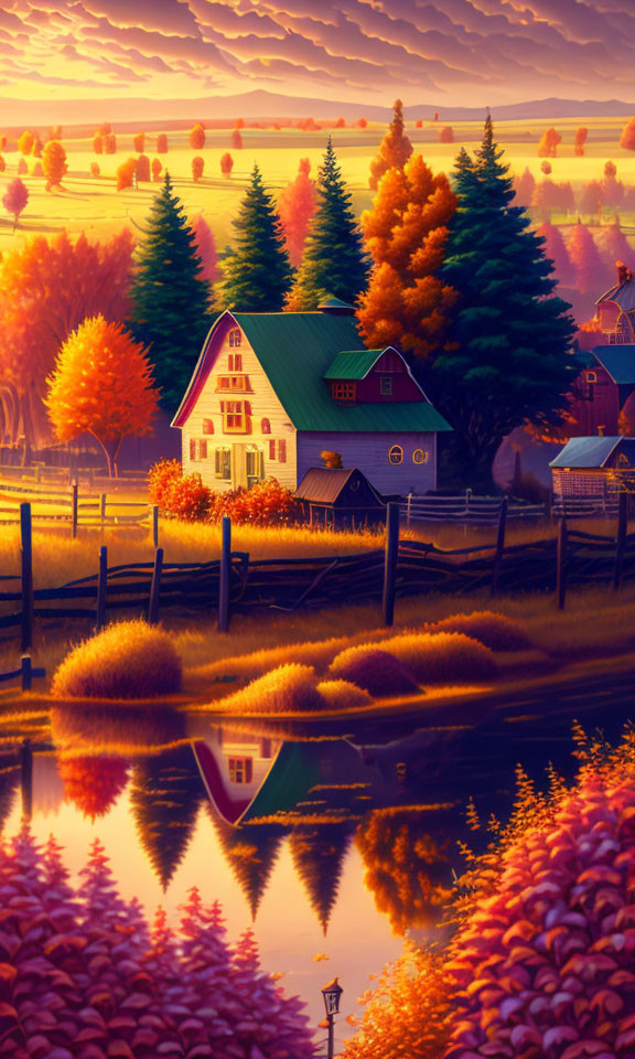 Tranquil autumn scene: white house near lake, colorful trees, warm sky