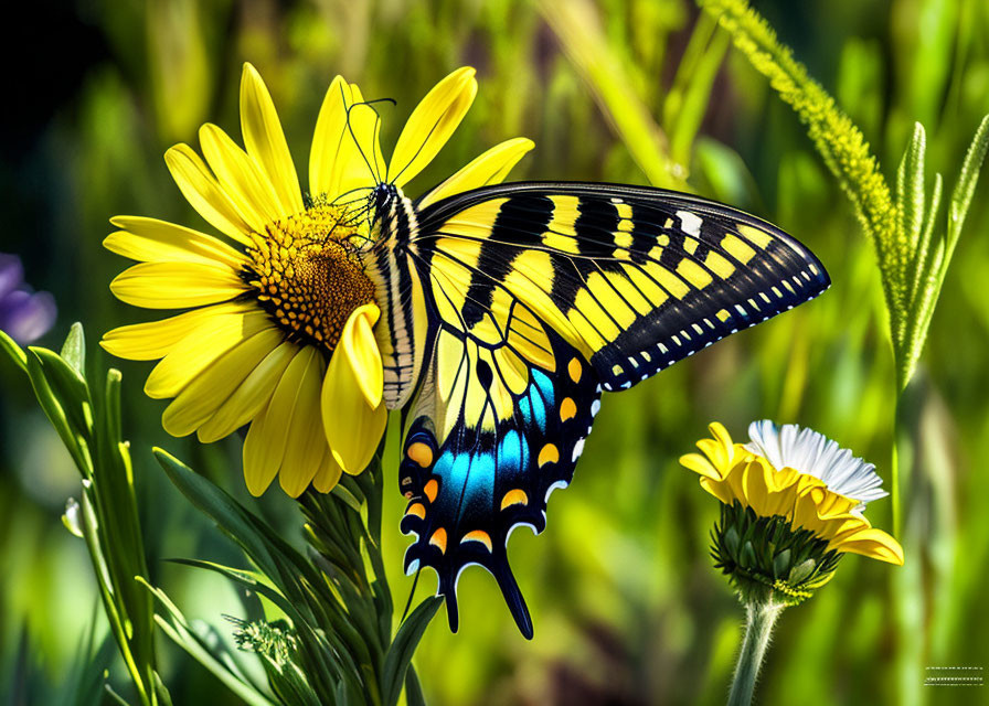 Yellow Butterfly on Yellow Daisy with Blue Markings in Green Foliage