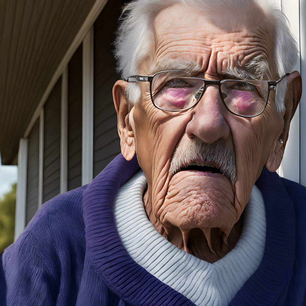 Elderly man in glasses with stern expression, blue sweater, and collared shirt in front of