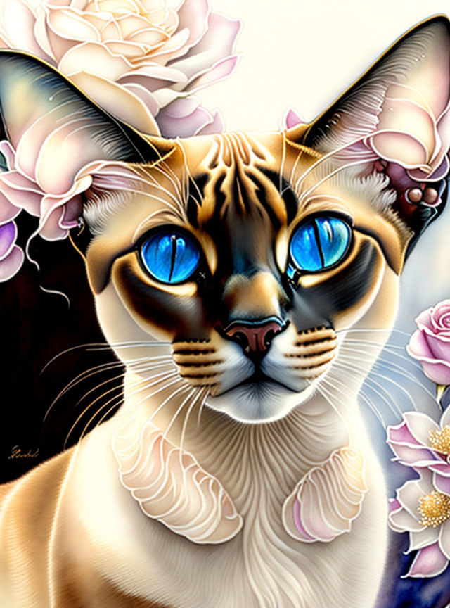 Siamese Cat Digital Artwork with Blue Eyes and Pink Roses