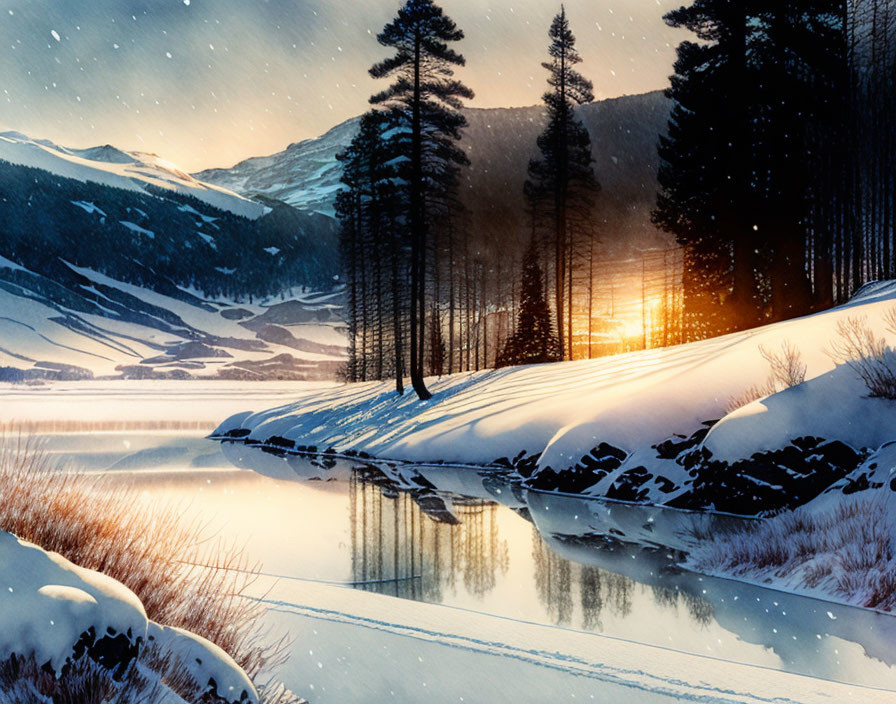 Snow-covered trees and mountain backdrop in sunset winter landscape