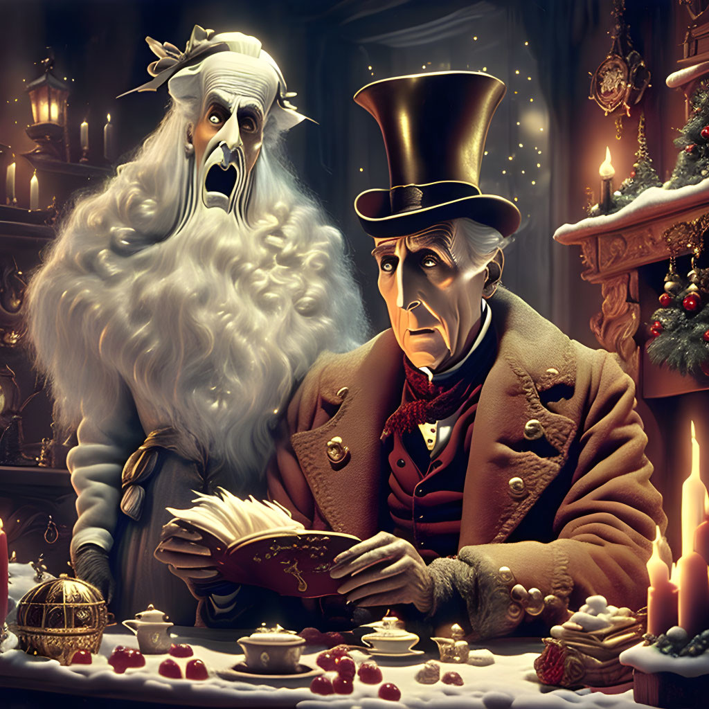 Victorian-era styled characters with ghostly figure and stern man reading book among Christmas decorations