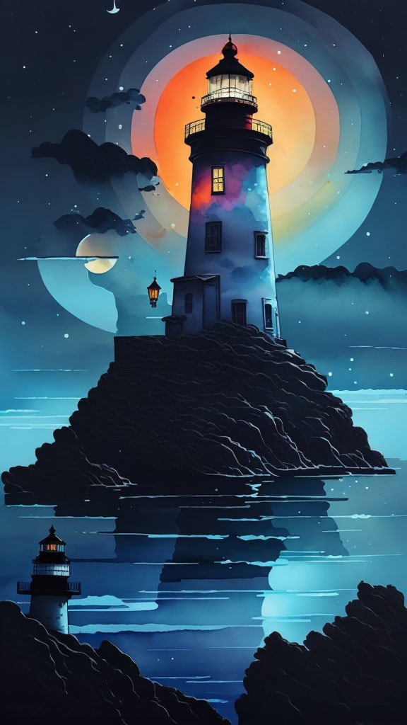 Stylized illustration of lighthouse on rocky cliff under night sky