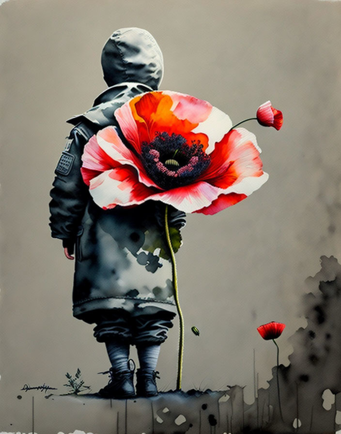 Hooded figure gazes at vibrant red poppy on gray background