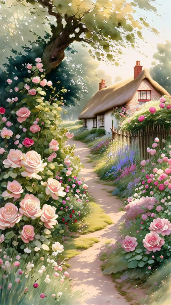 Thatched Roof Cottage Surrounded by Lush Garden and Blooming Roses