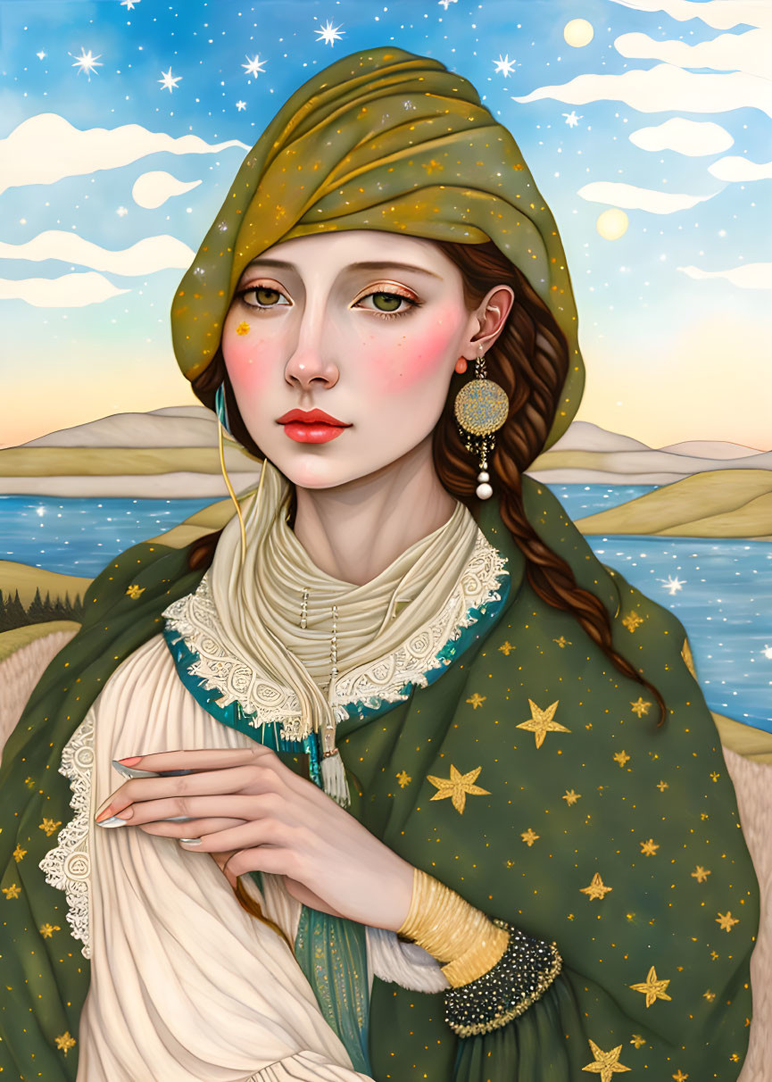 Stylized portrait of woman in star-patterned green headscarf and cloak against twilight sky