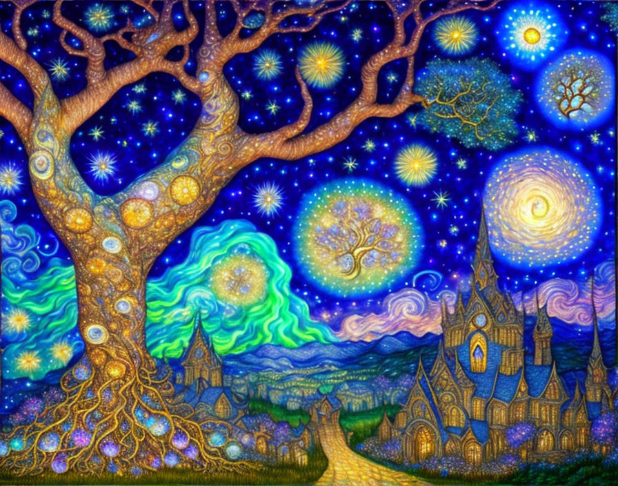 Colorful artwork: Whimsical tree, starry sky, magical village