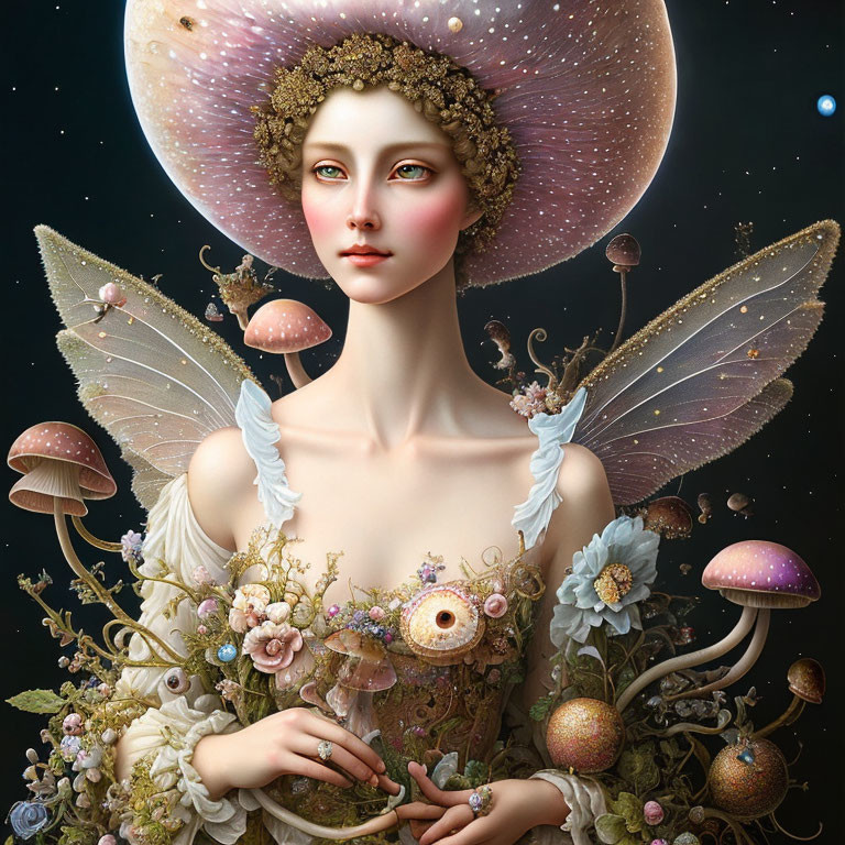 Fantastical portrait of female figure with mushroom cap headwear, butterfly wings, and floral dress.