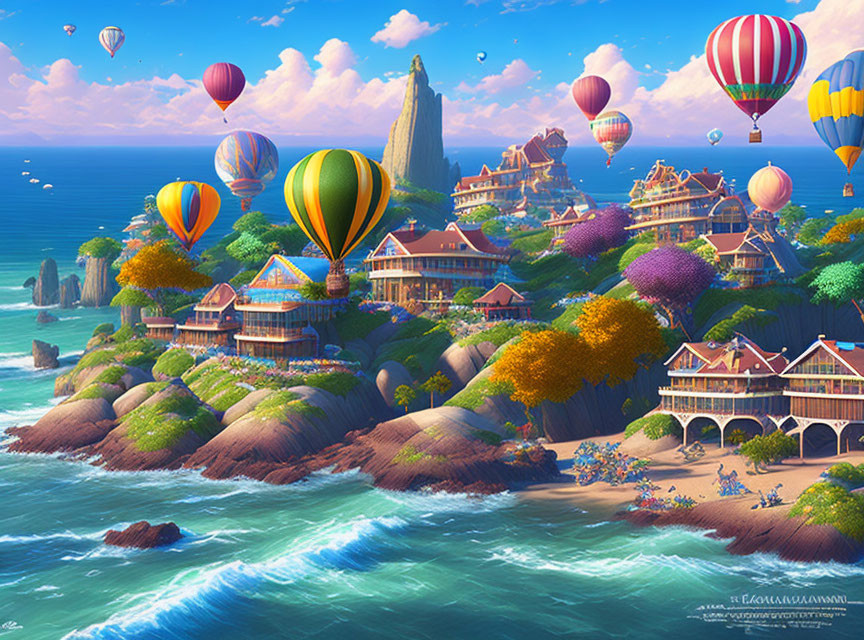 Vibrant coastal village with colorful hot air balloons