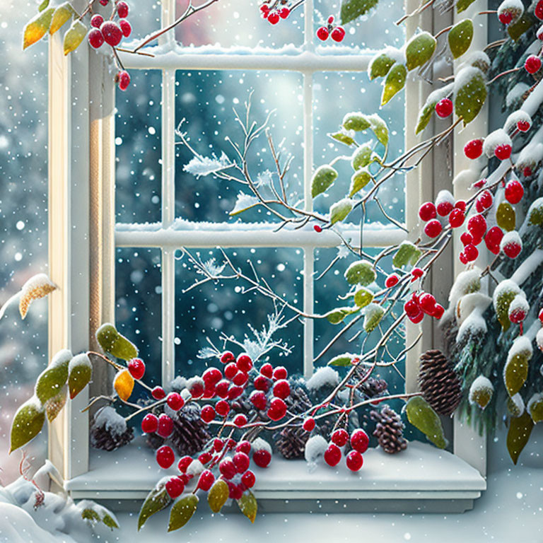 Winter window sill with red berries, green leaves, pine cones, and snowflakes