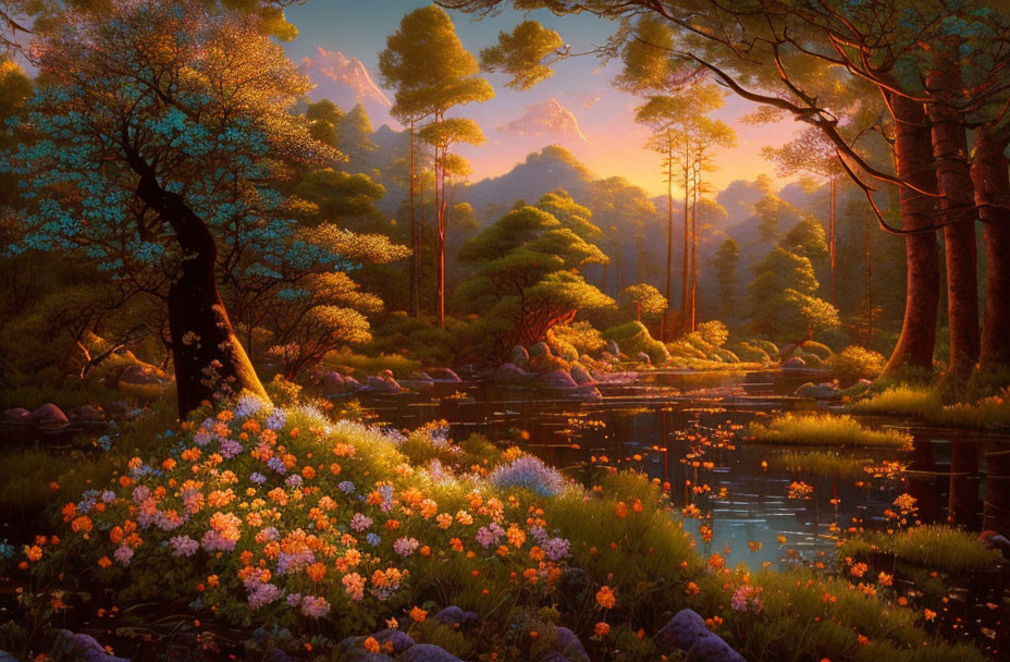 Serene Dawn Landscape with River and Lush Nature
