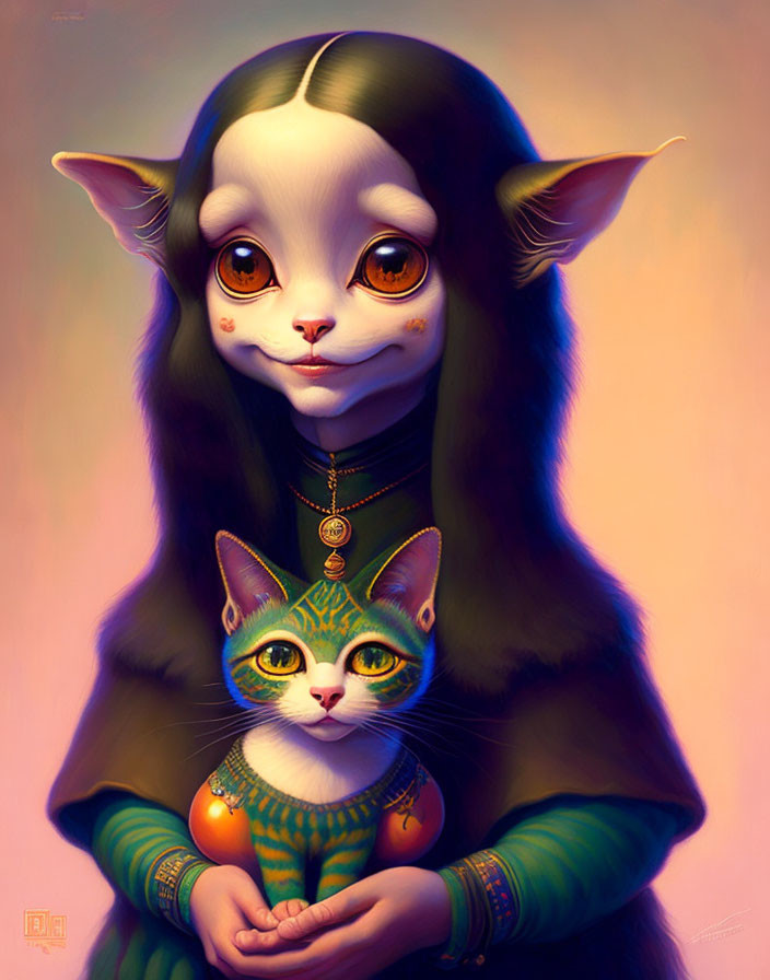 Fantasy illustration of female creature with large ears holding ornate cat