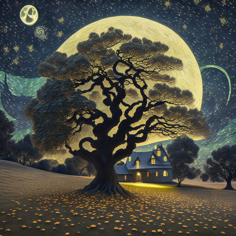 Night scene with large tree, glowing moon, stars, swirl patterns, and cozy house.