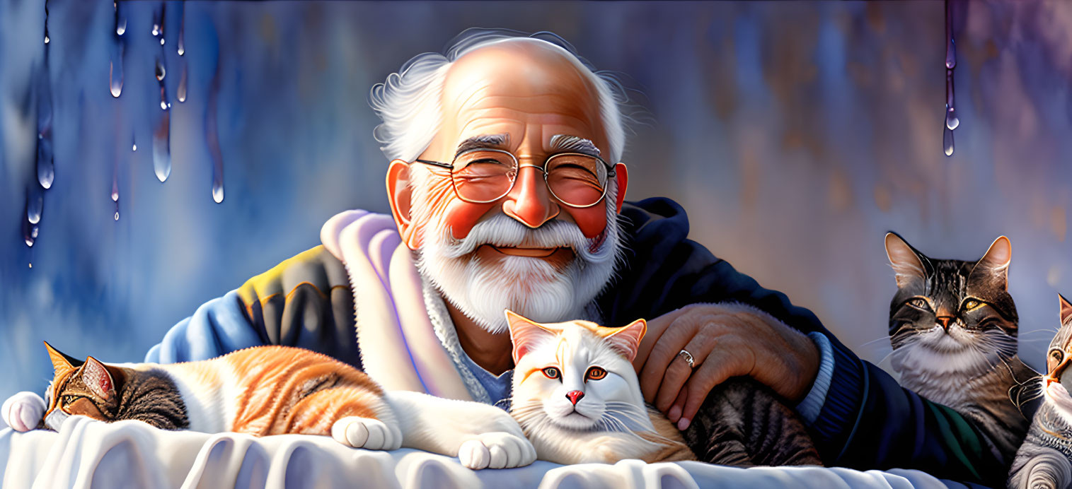 Elderly man with warm smile, cats, icicles - striped scarf & glasses.