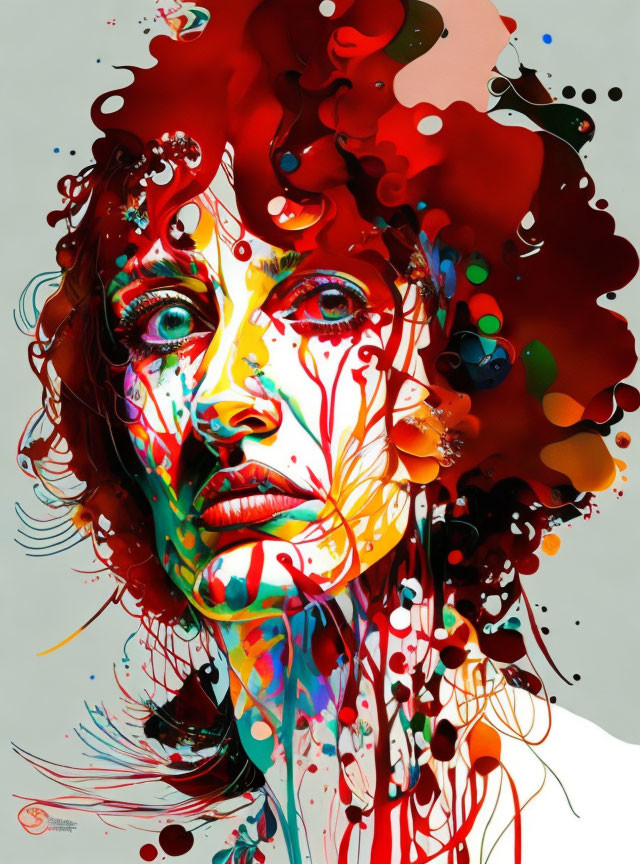 Colorful abstract portrait with red splashes and paint drips of a woman's face in chaotic background