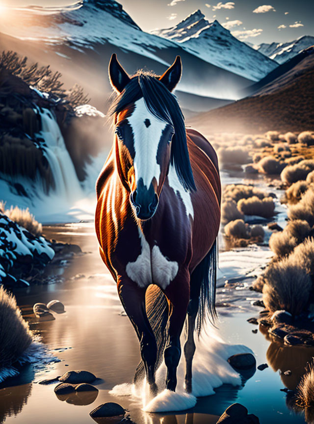 Majestic horse in mountain landscape with waterfalls and river