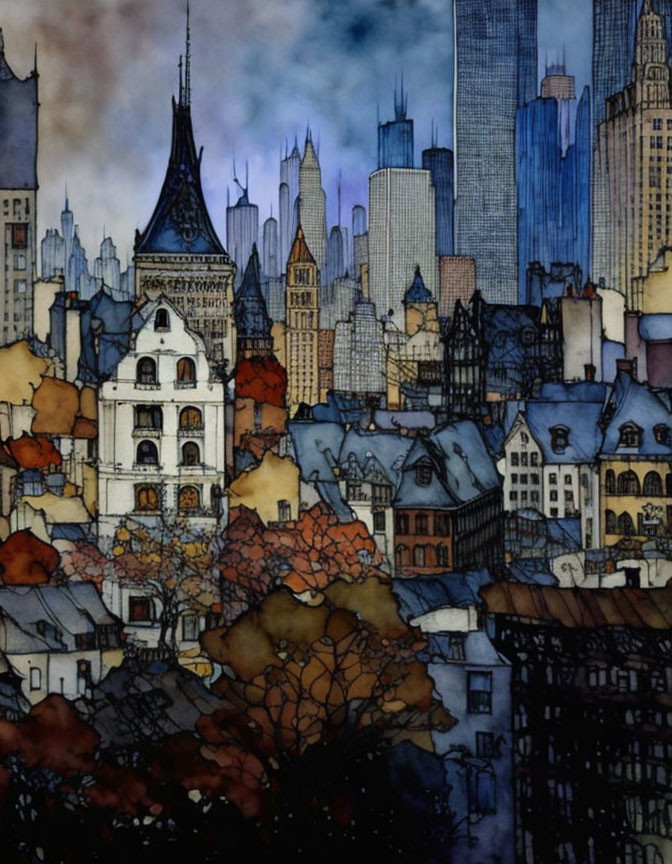 Cityscape blending old and new architecture in watercolor.