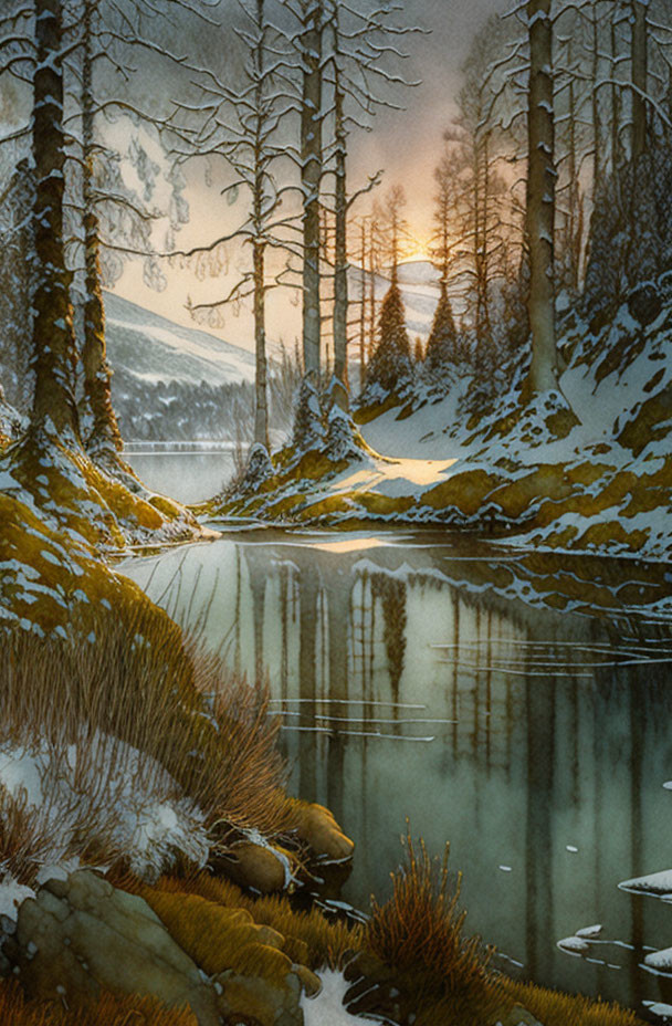 Snowy forest and river at sunset in golden light