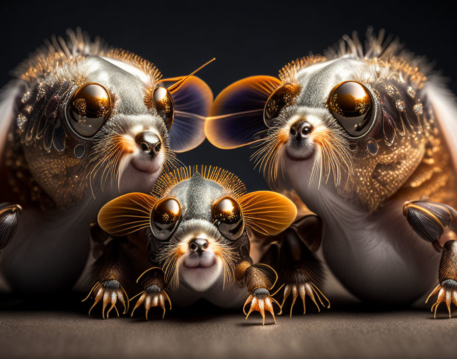 Three fantastical creatures with fur and insect-like features on dark background