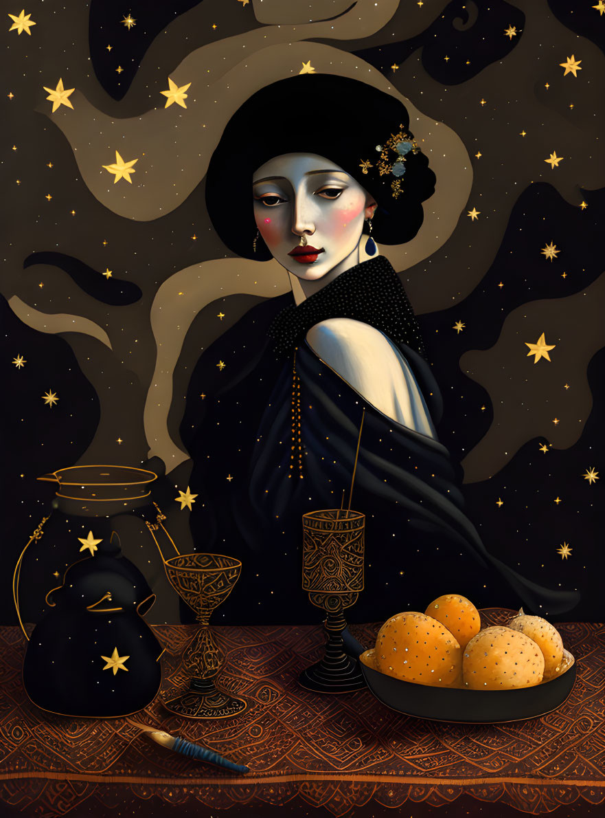 Celestial-themed woman illustration with stars, wavy lines, jar, goblets, and oranges.