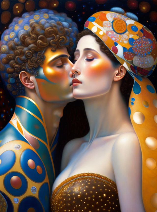 Couple Embracing with Gold and Blue Patterns Under Starry Sky