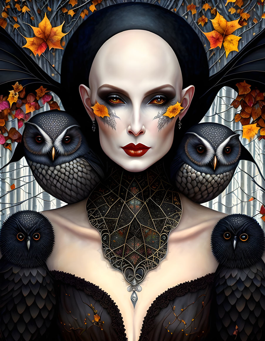 Pale woman in black hat with owls, autumn leaves, leaf makeup, and dark choker