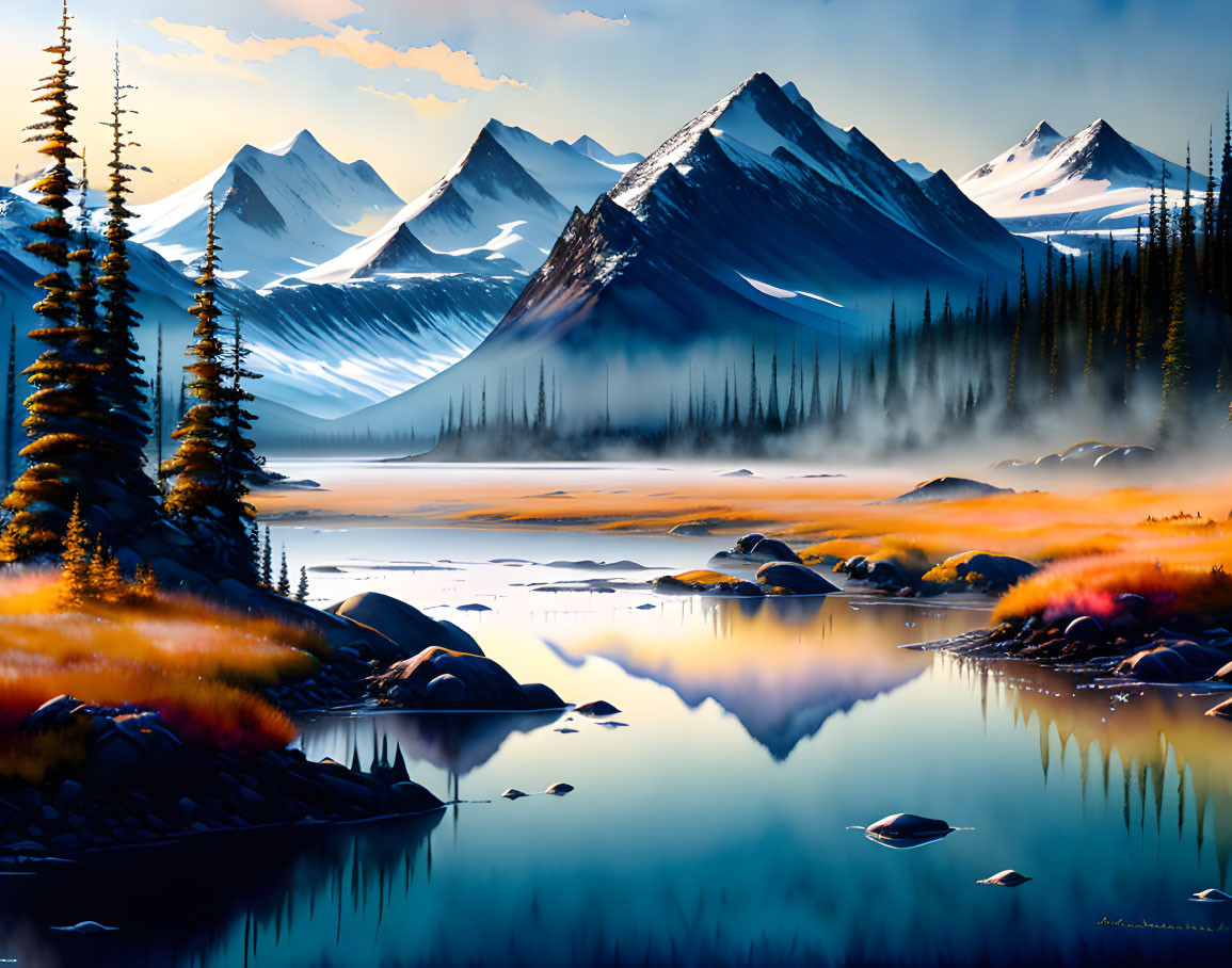 Snow-capped mountains reflected in a serene lake amidst pine trees and mist at sunset