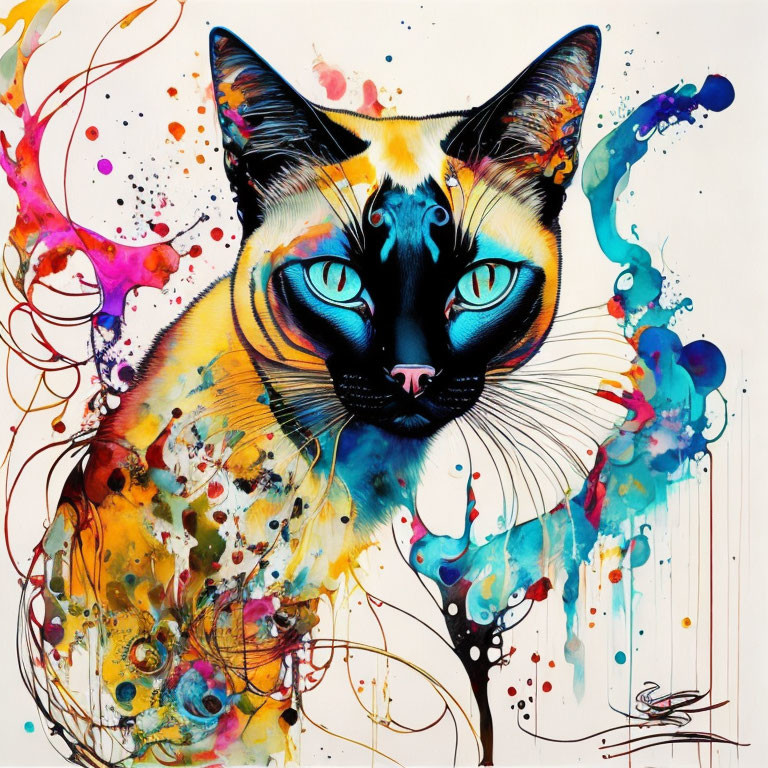 Colorful Cat Artwork with Splatter Paint Effects and Hypnotic Blue Eyes