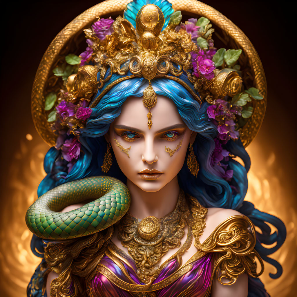 Fantasy portrait: Woman with blue hair, gold and floral adornments, serpent, fiery backdrop